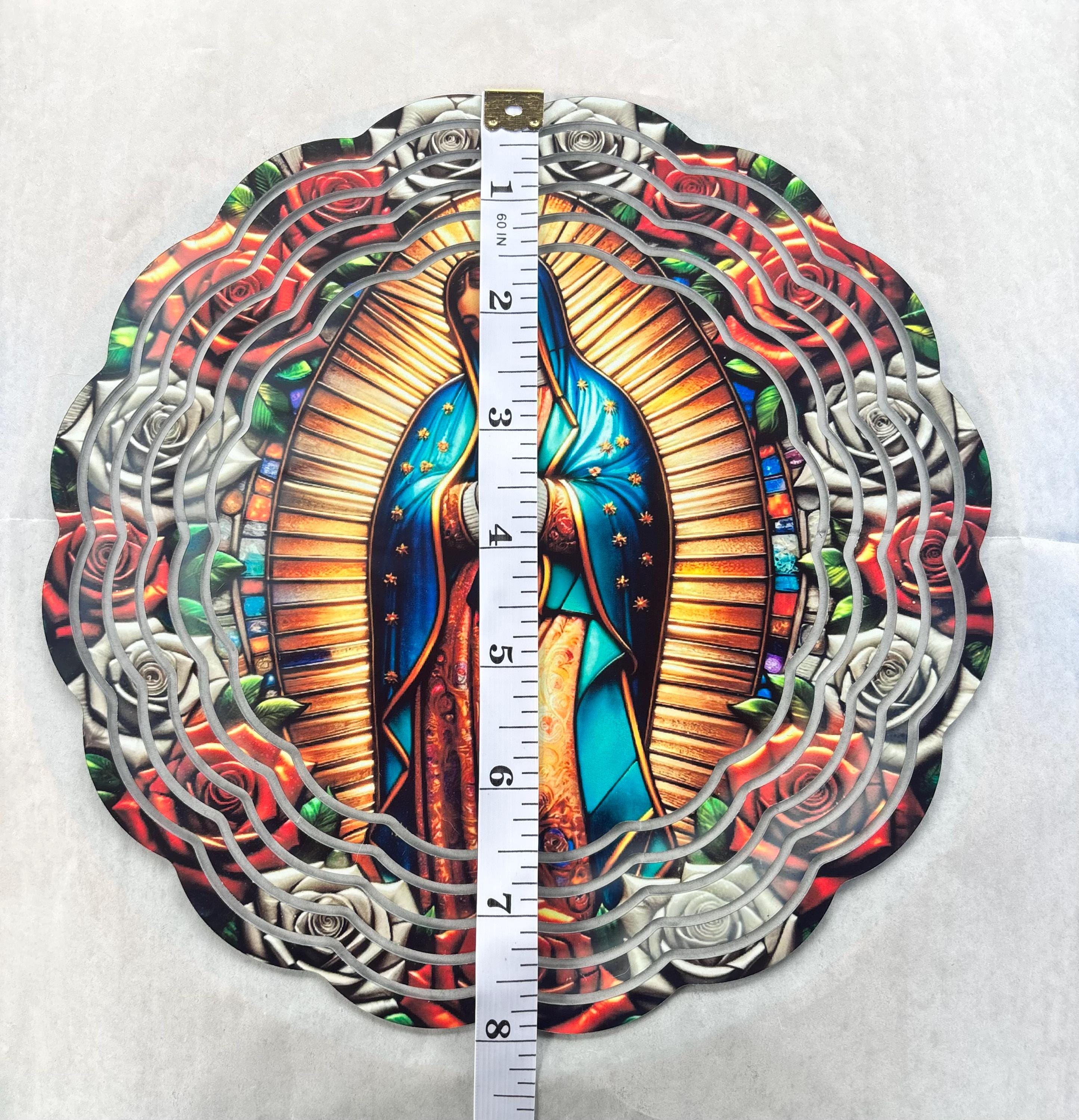 8” Aluminum Wind Spinner Our Lady of Guadalupe surrounded with Red & White Roses