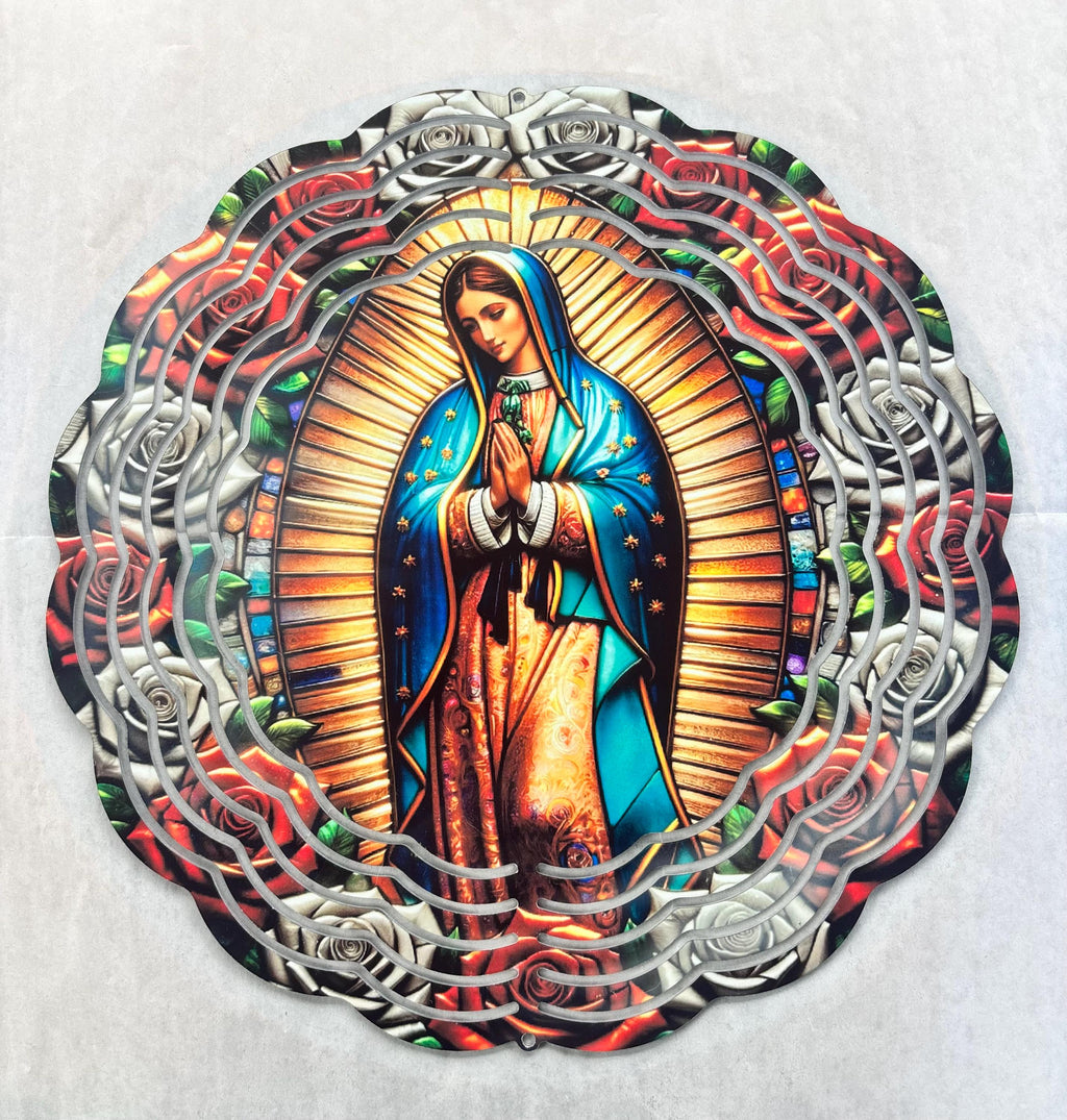 8” Aluminum Wind Spinner Our Lady of Guadalupe surrounded with Red & White Roses