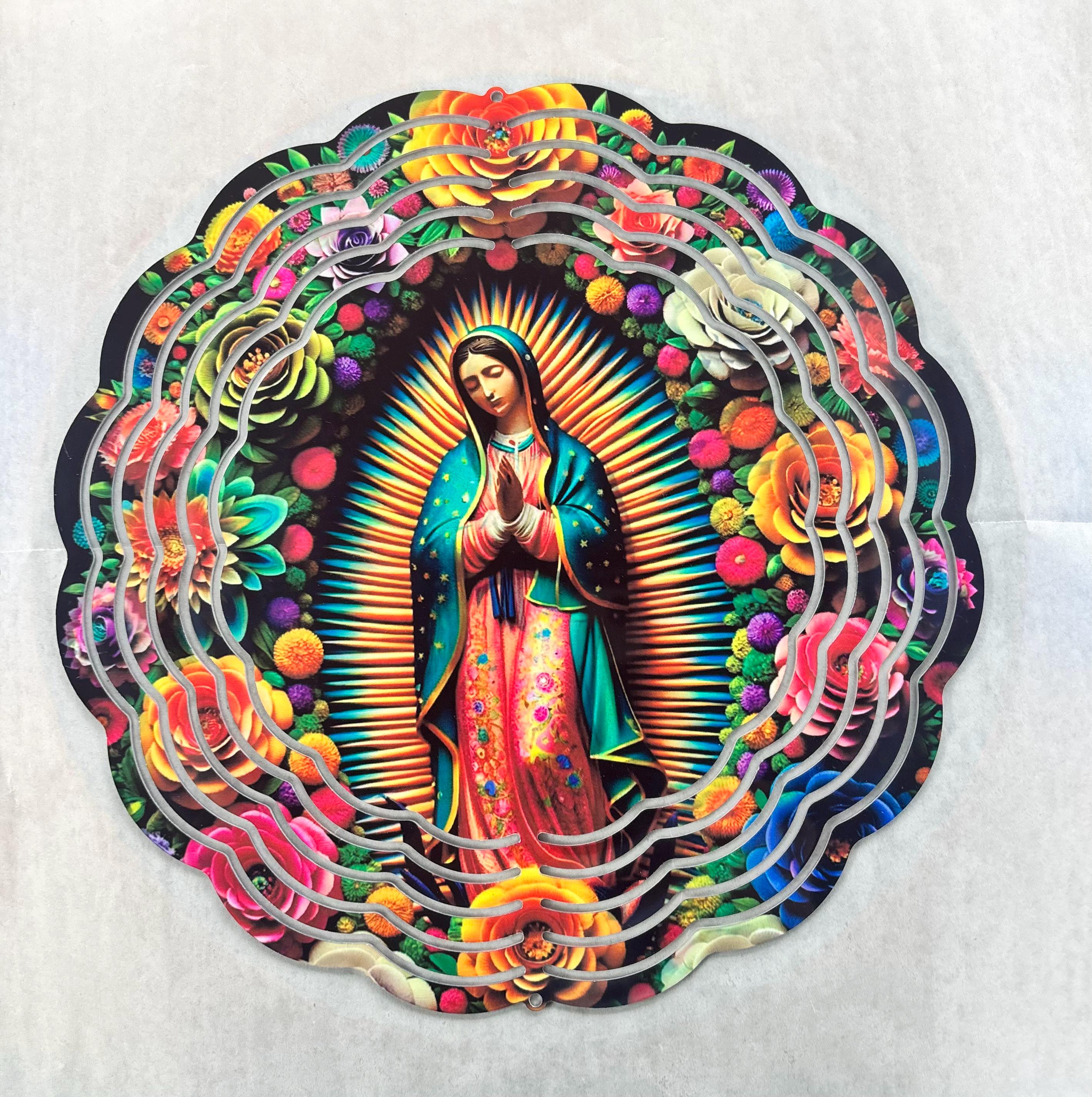 8” Aluminum Wind Spinner Our Lady of Guadalupe Surrounded by Colorful Roses Black Background