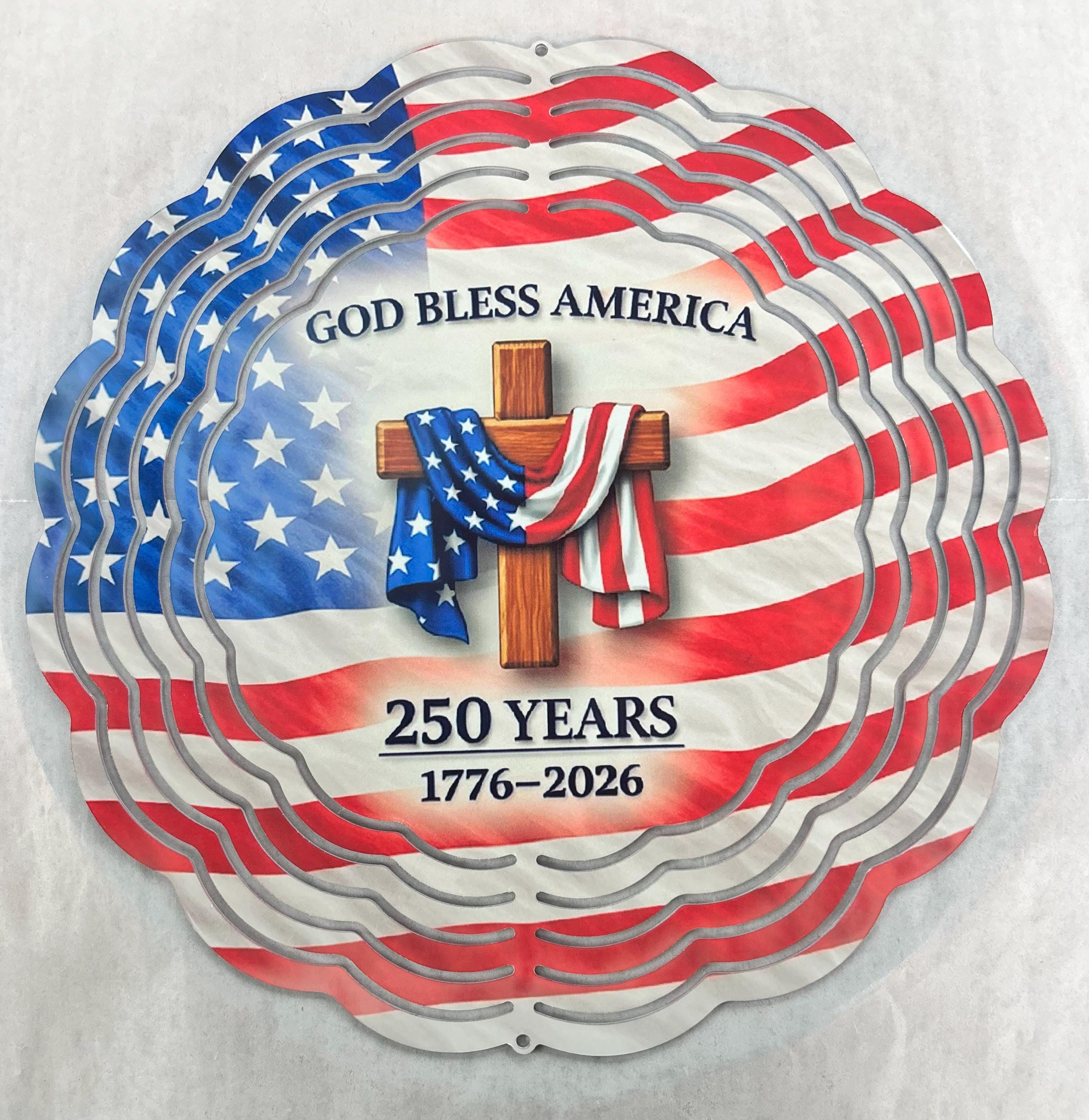 8” Wind Spinner USA Flag with Cross 250 Years