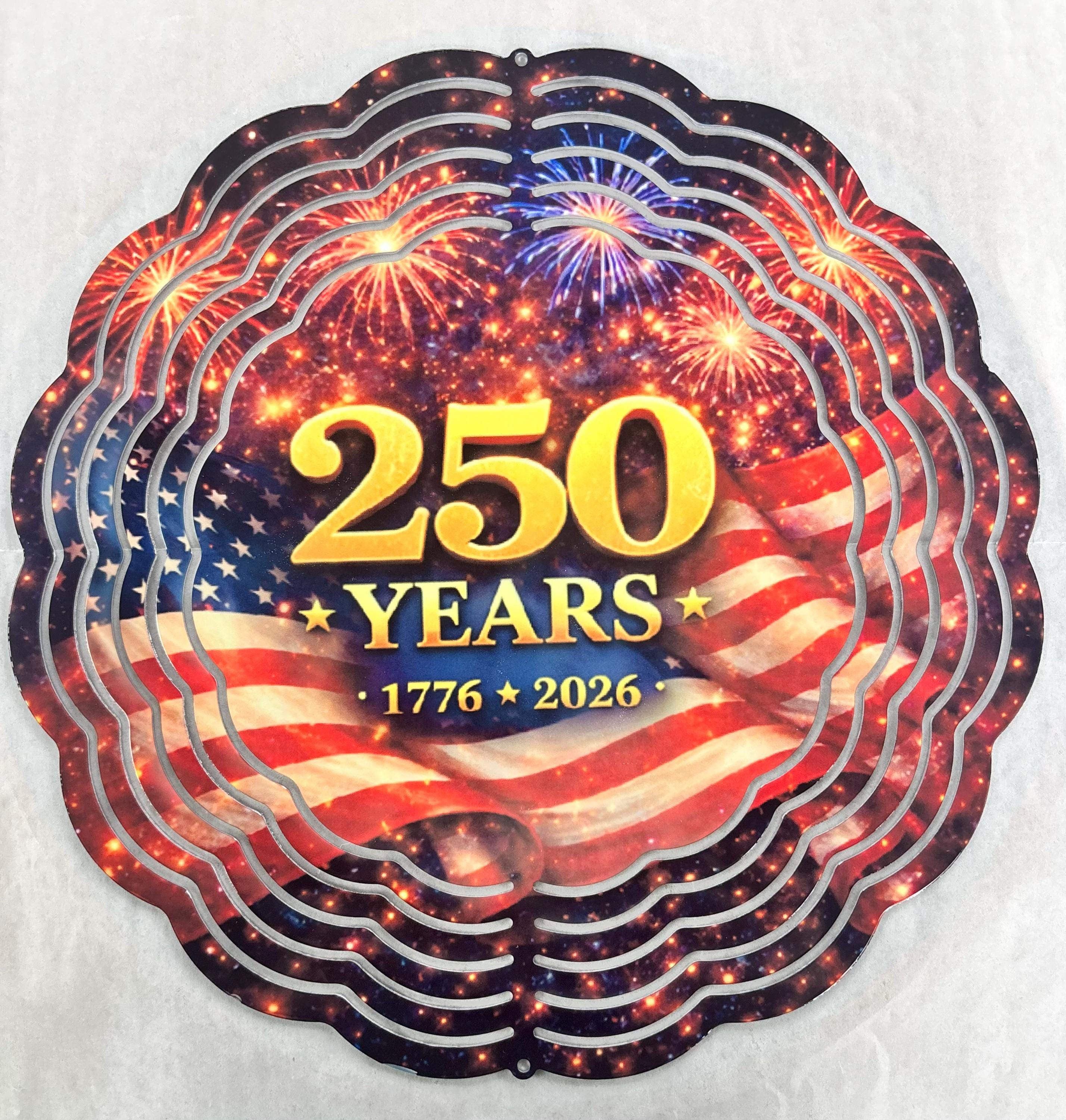 8” Wind Spinner USA Flag 250 Years Fireworks Background