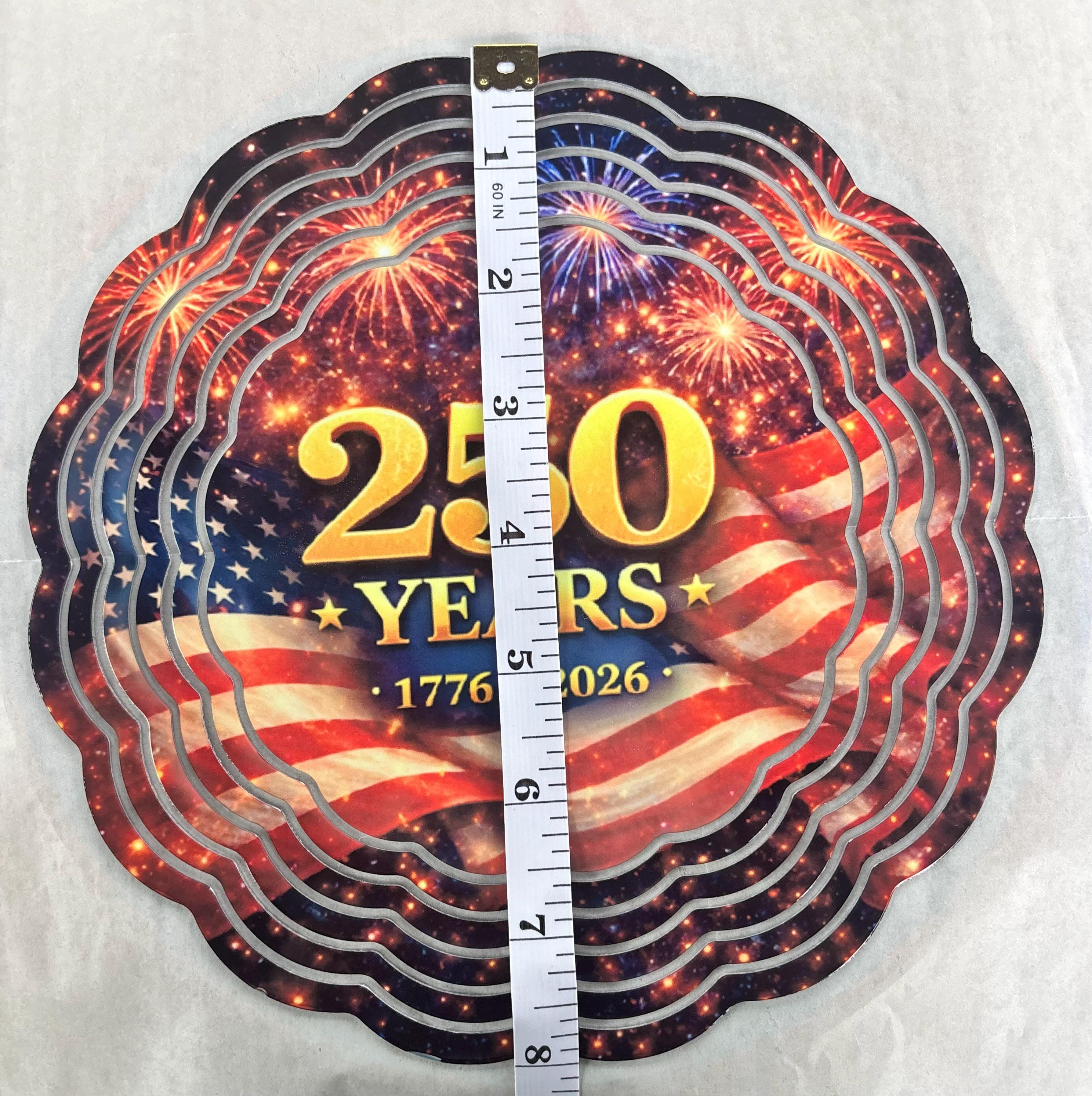 8” Wind Spinner USA Flag 250 Years Fireworks Background