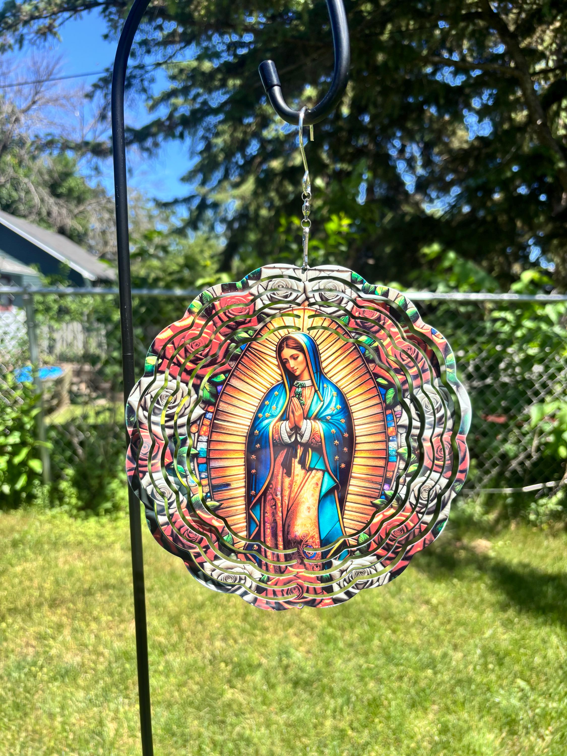 8” Aluminum Wind Spinner Our Lady of Guadalupe surrounded with Red & White Roses