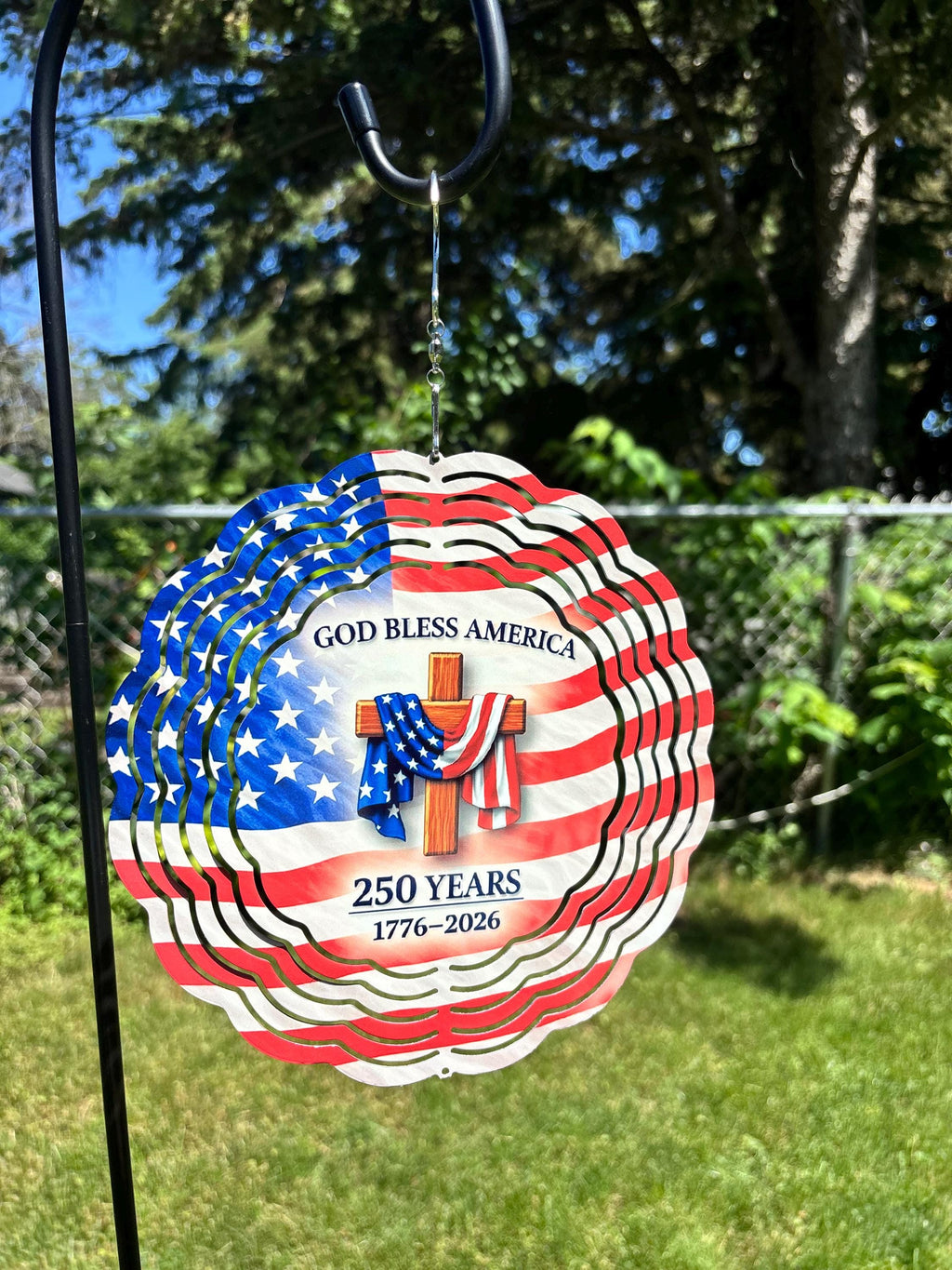 8” Wind Spinner USA Flag with Cross 250 Years