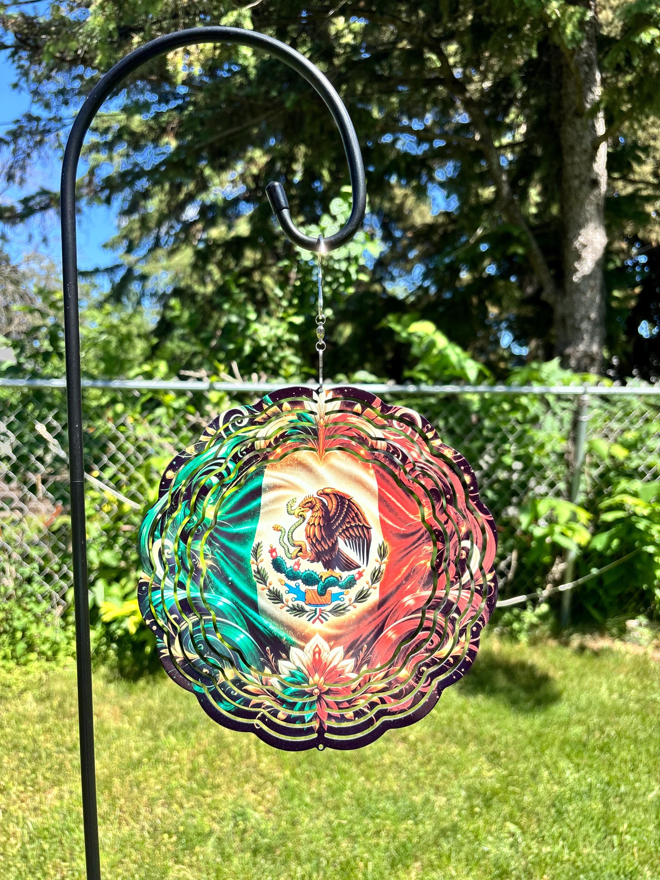 8” Wind Spinner Mexican Flag with flowers Black Background