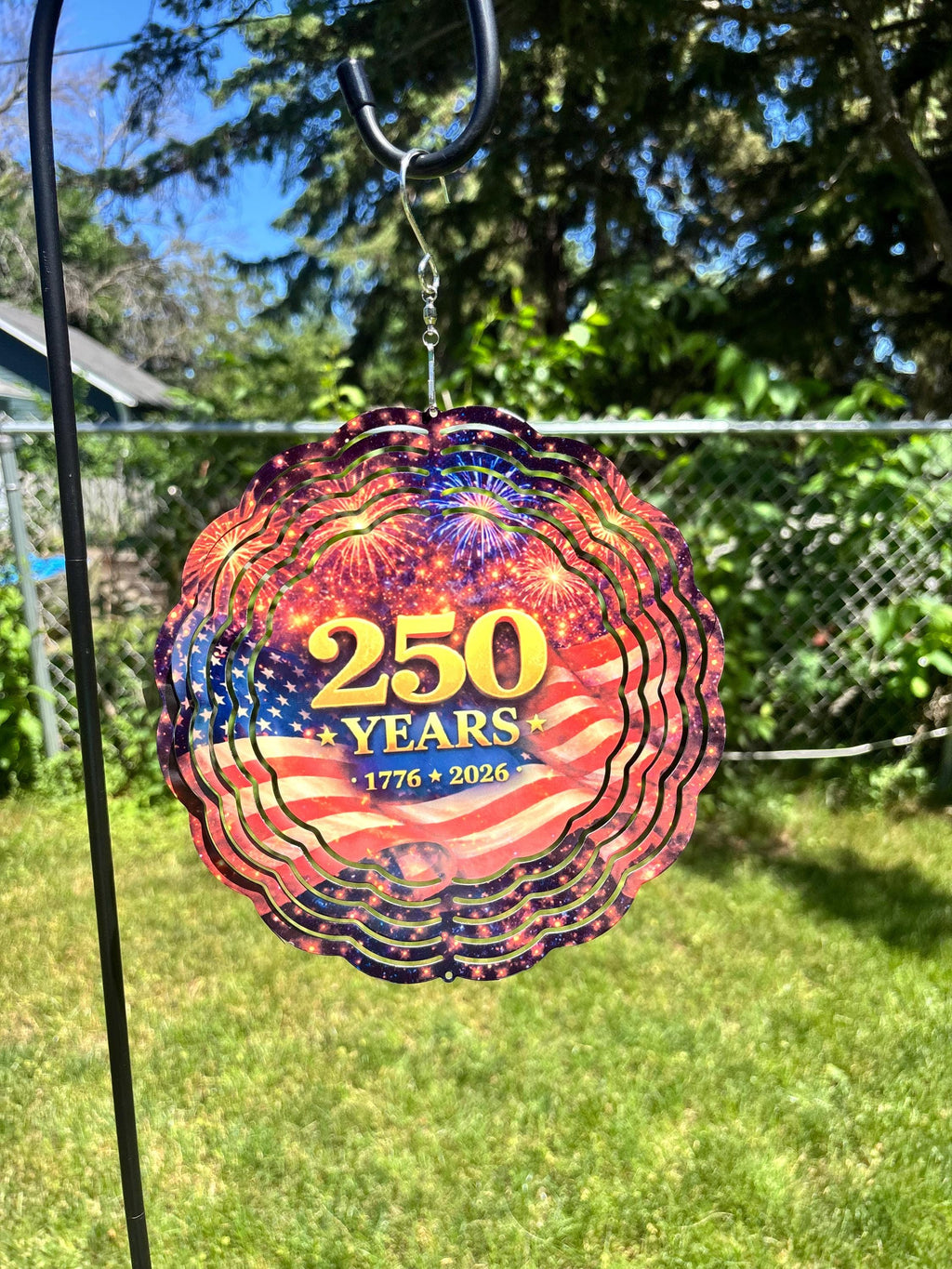 8” Wind Spinner USA Flag 250 Years Fireworks Background