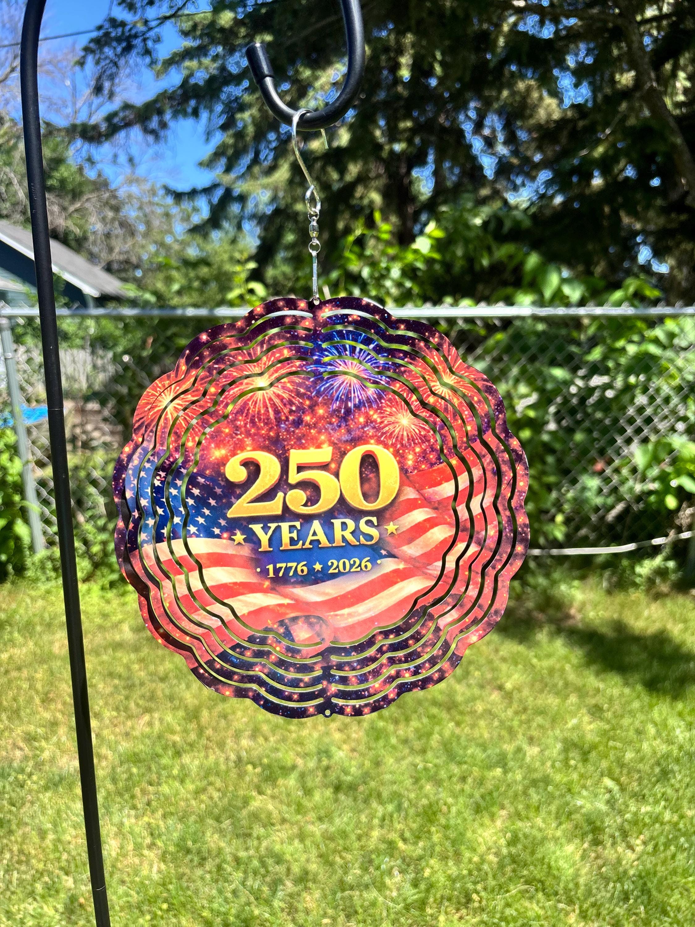 8” Wind Spinner USA Flag 250 Years Fireworks Background