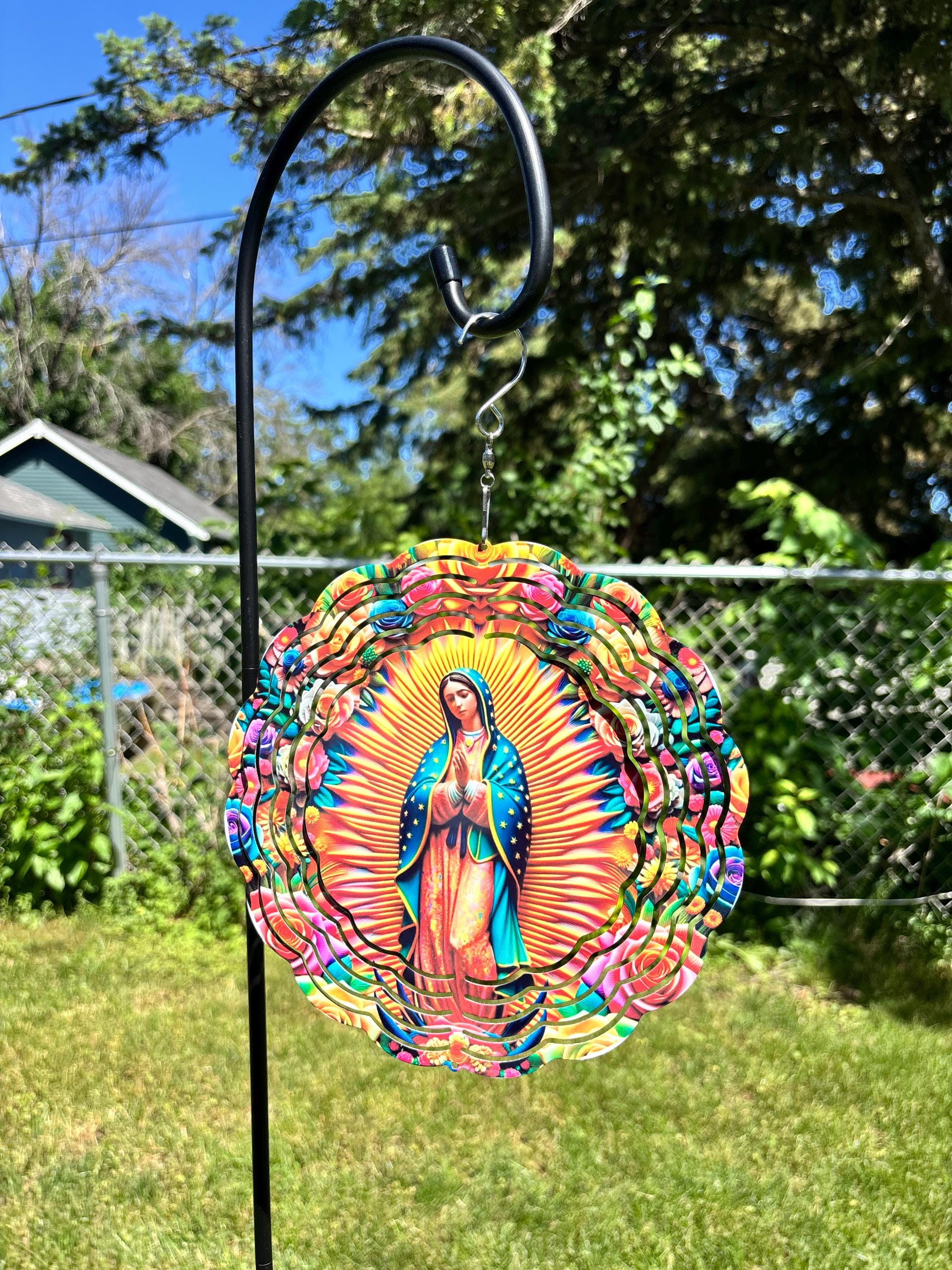 8” Aluminum Wind Spinner Our Lady of Guadalupe Surrounded by Colorful Roses