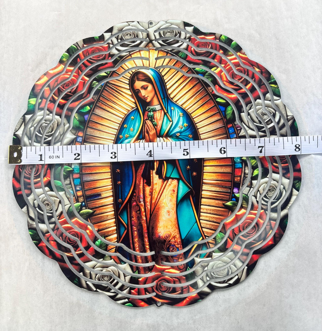 8” Aluminum Wind Spinner Our Lady of Guadalupe surrounded with Red & White Roses