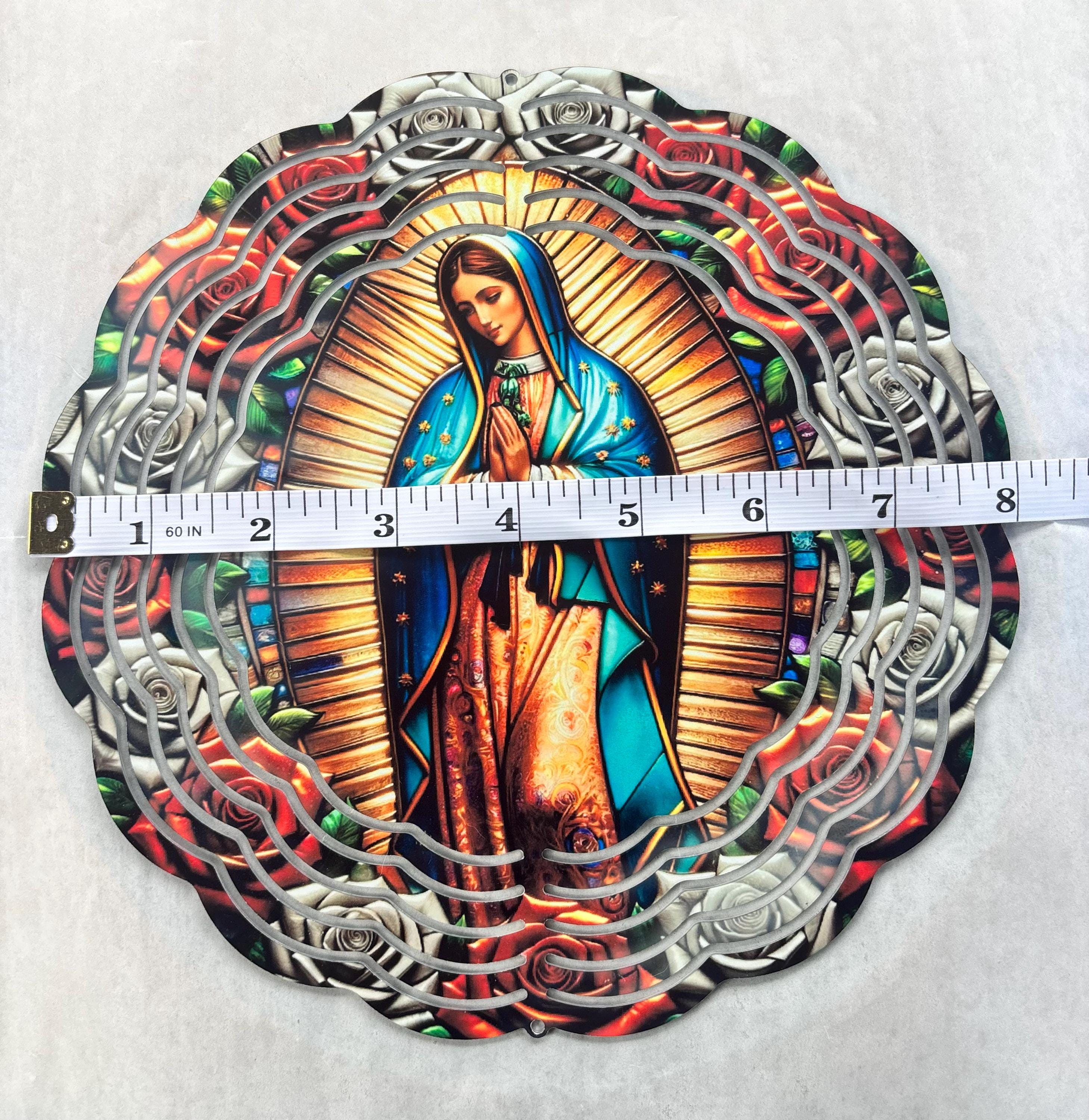 8” Aluminum Wind Spinner Our Lady of Guadalupe surrounded with Red & White Roses