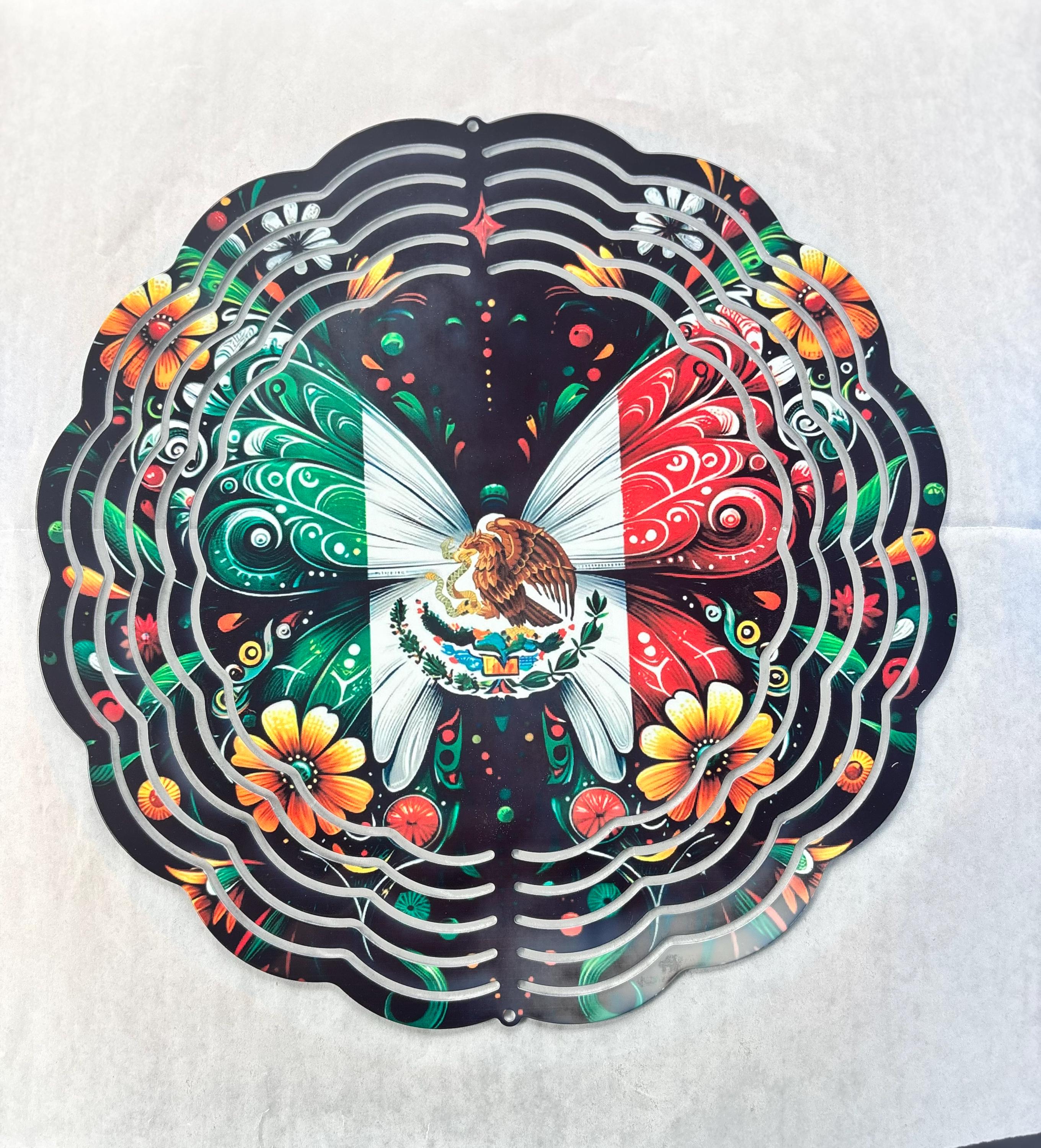8” Wind Spinner Mexican Flag Butterfly Shape Black Background