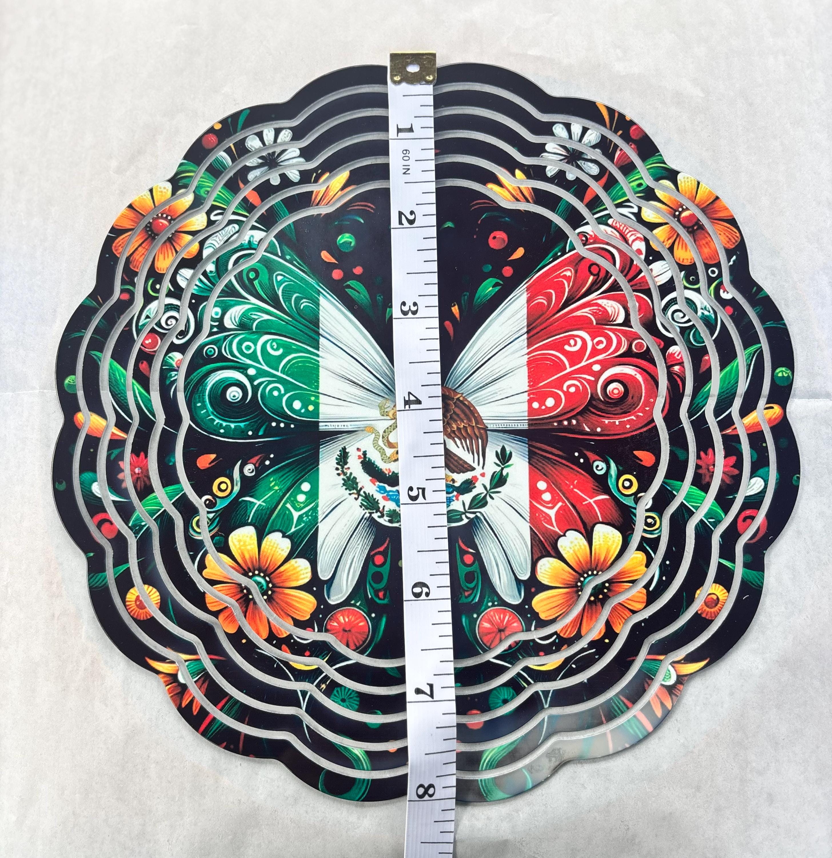 8” Wind Spinner Mexican Flag Butterfly Shape Black Background