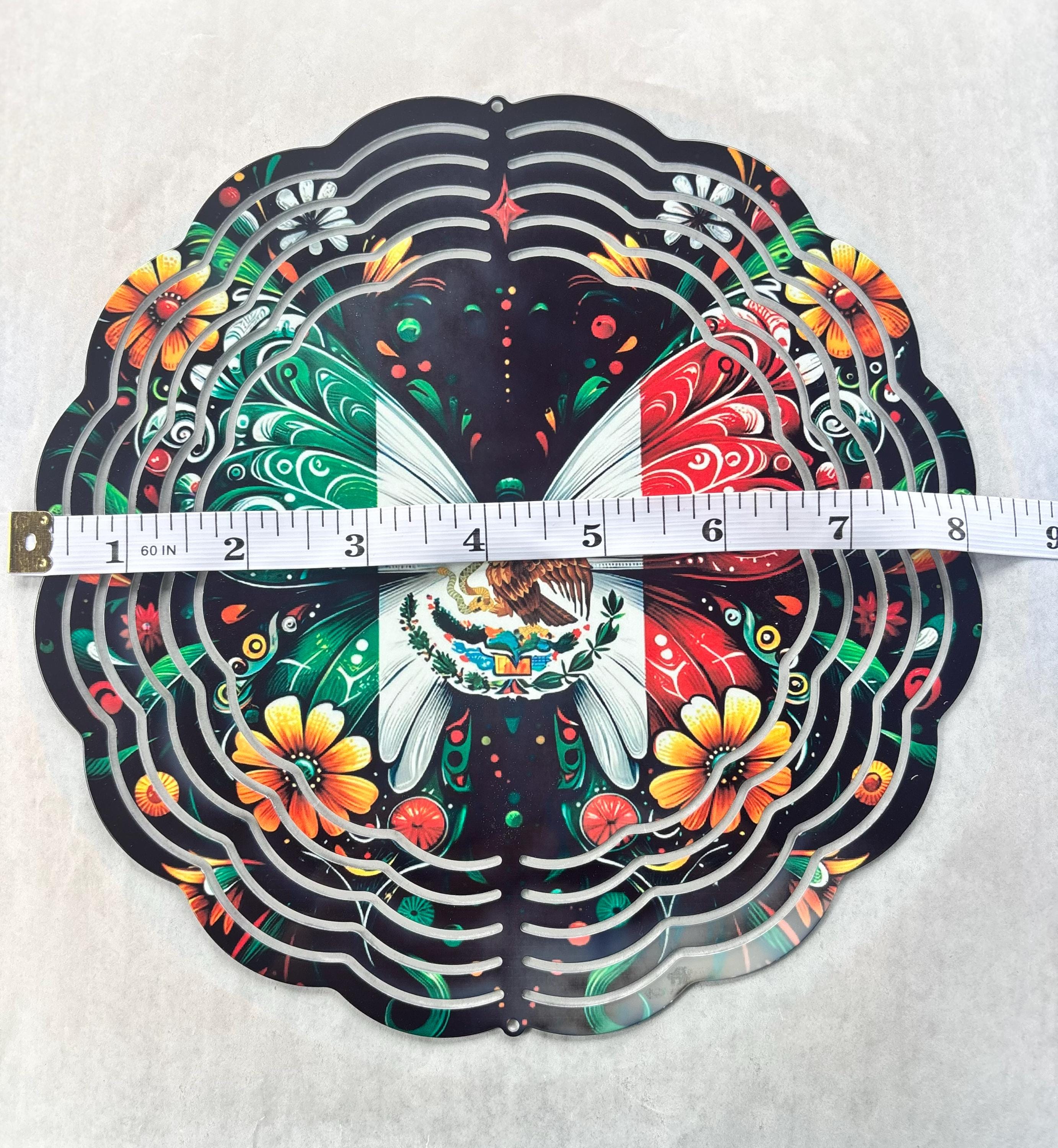 8” Wind Spinner Mexican Flag Butterfly Shape Black Background
