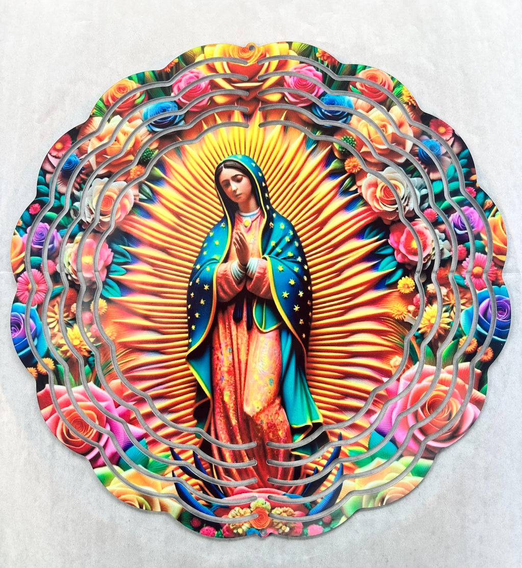 8” Aluminum Wind Spinner Our Lady of Guadalupe Surrounded by Colorful Roses