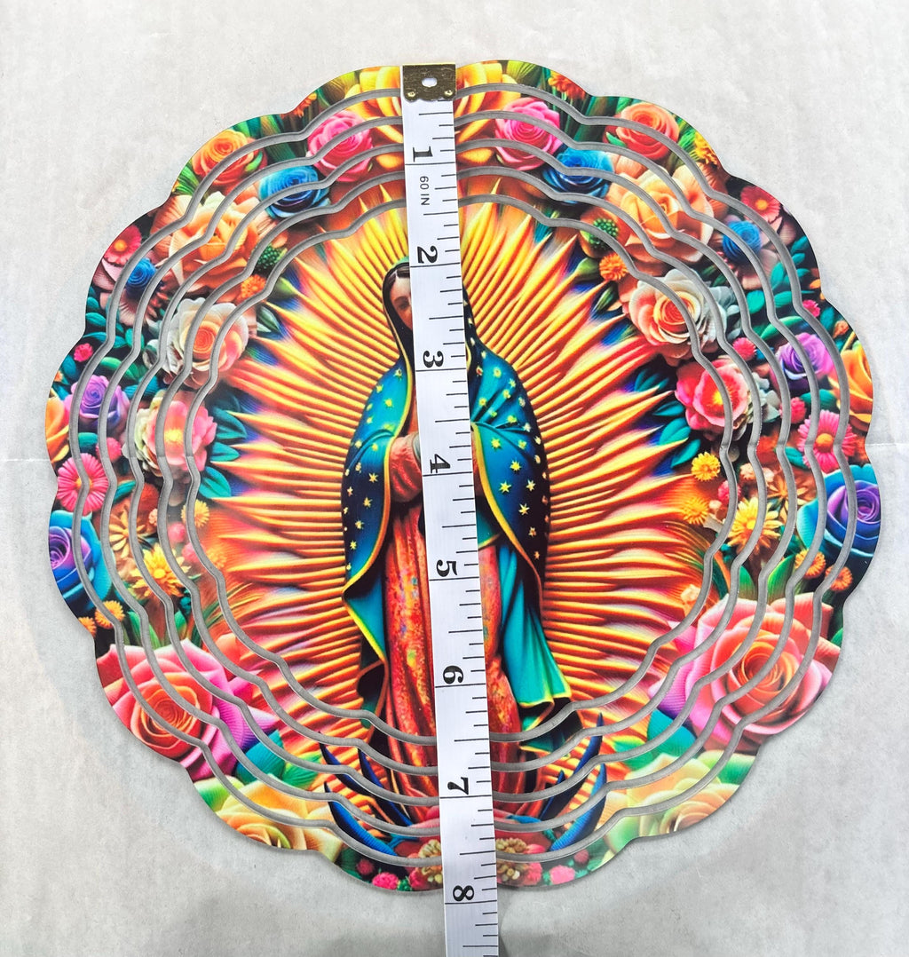 8” Aluminum Wind Spinner Our Lady of Guadalupe Surrounded by Colorful Roses