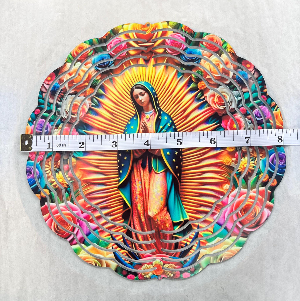 8” Aluminum Wind Spinner Our Lady of Guadalupe Surrounded by Colorful Roses