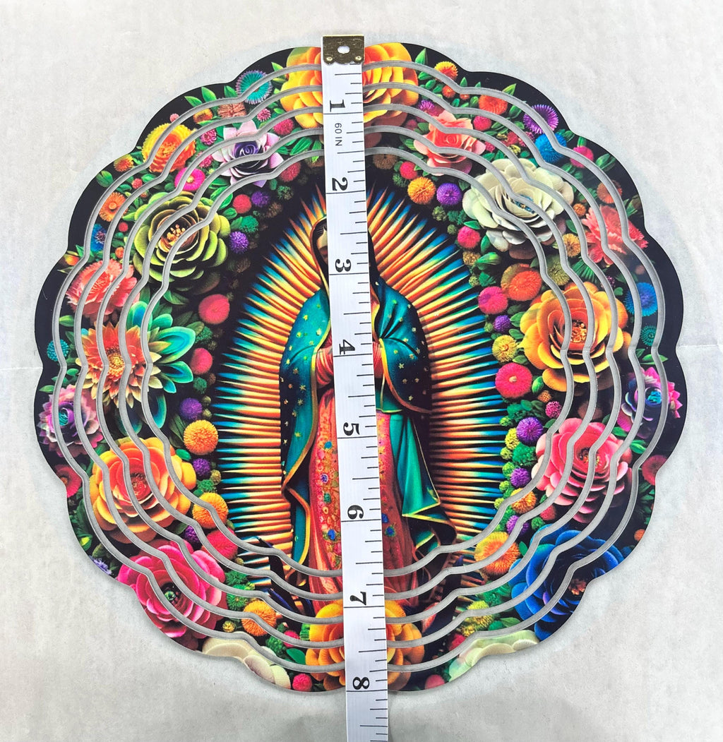 8” Aluminum Wind Spinner Our Lady of Guadalupe Surrounded by Colorful Roses Black Background