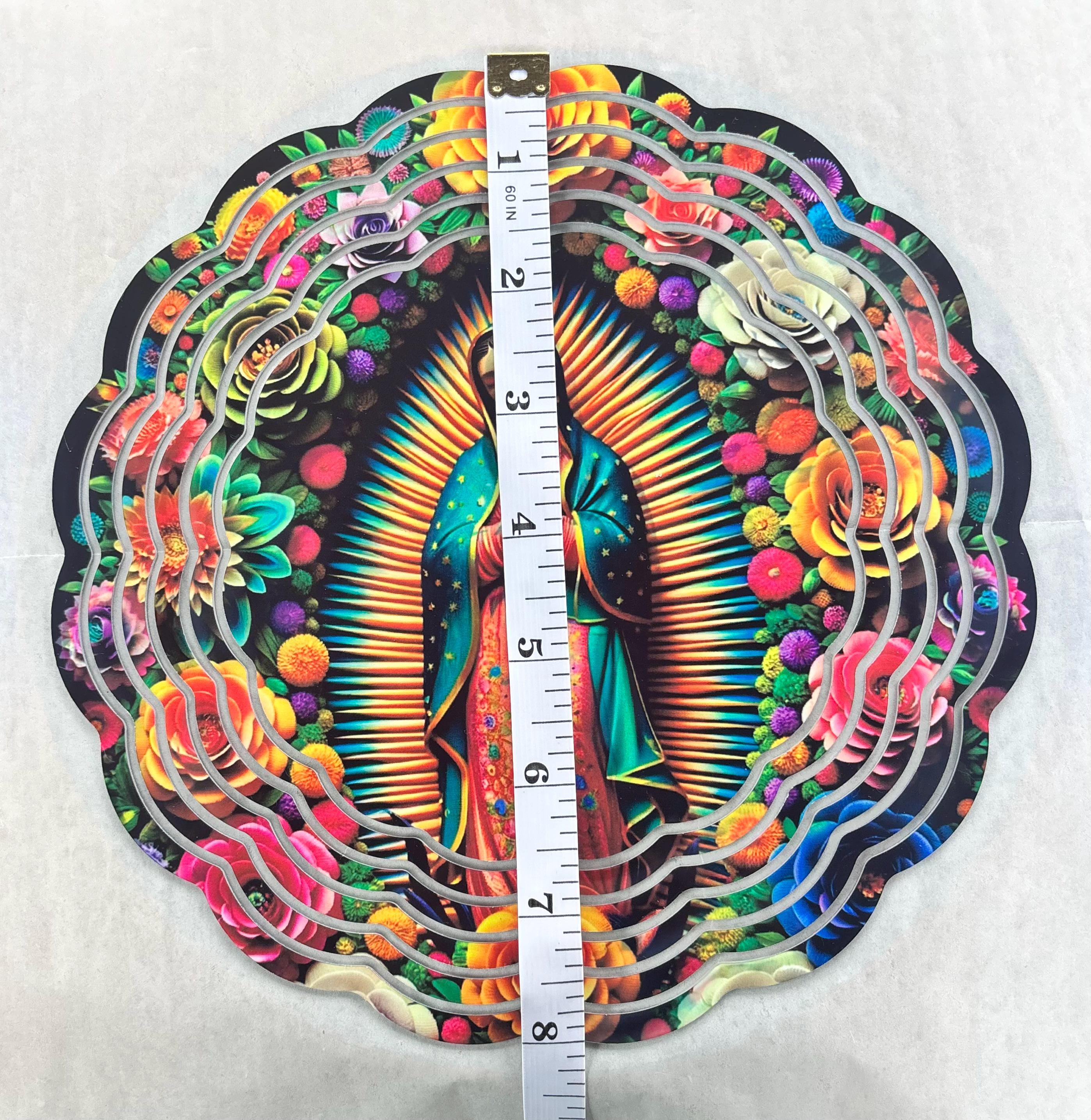 8” Aluminum Wind Spinner Our Lady of Guadalupe Surrounded by Colorful Roses Black Background