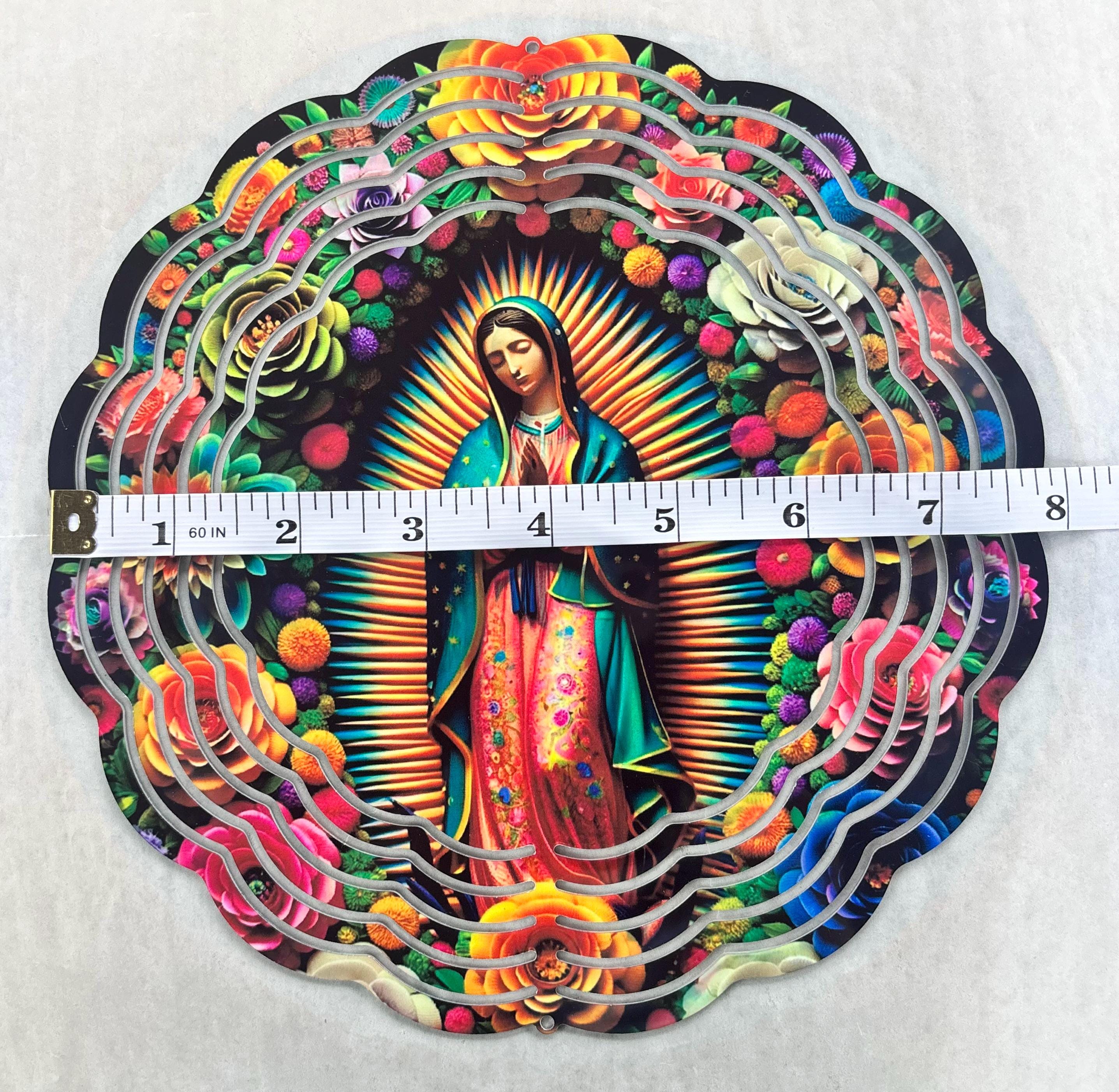 8” Aluminum Wind Spinner Our Lady of Guadalupe Surrounded by Colorful Roses Black Background