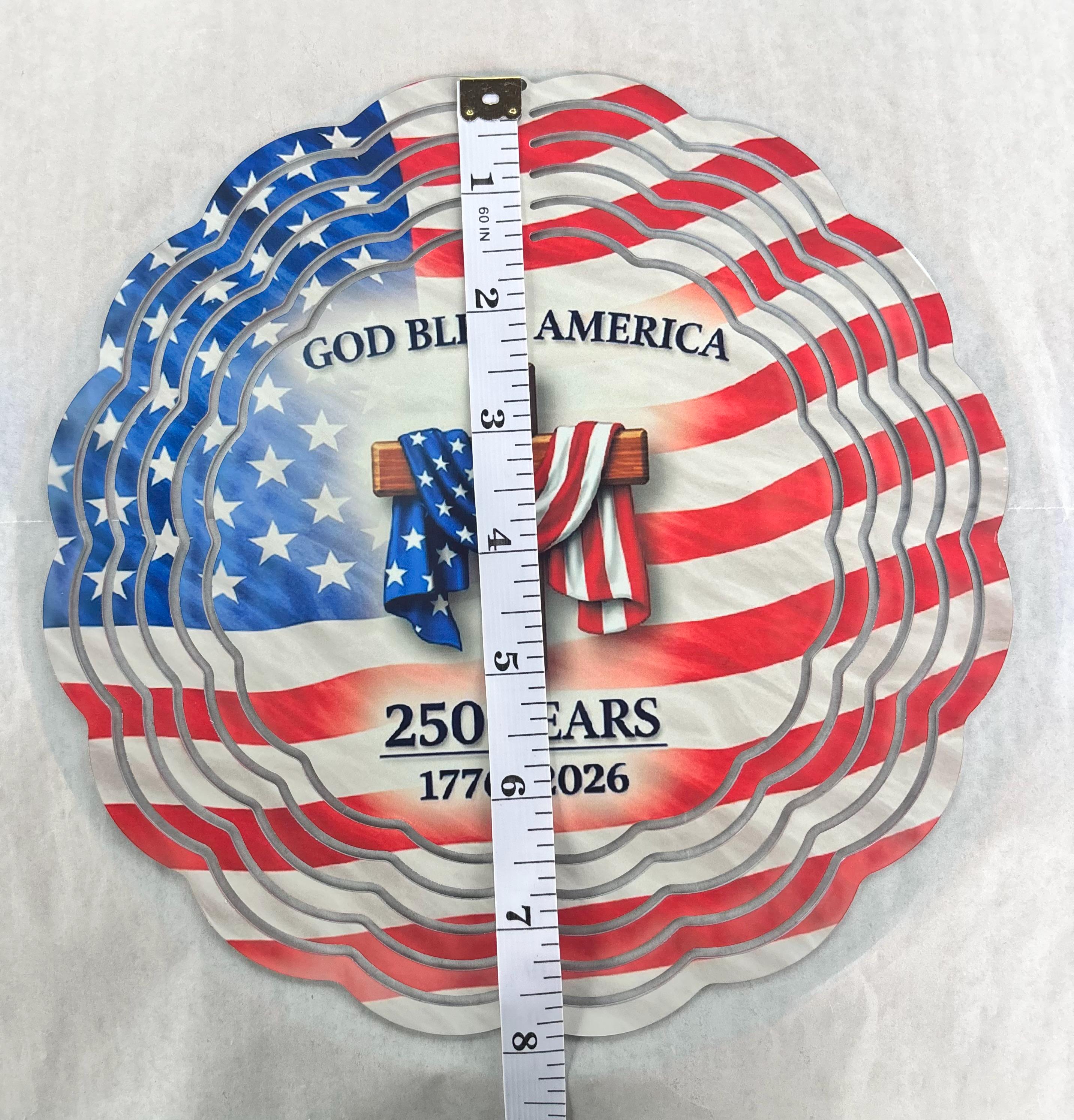 8” Wind Spinner USA Flag with Cross 250 Years