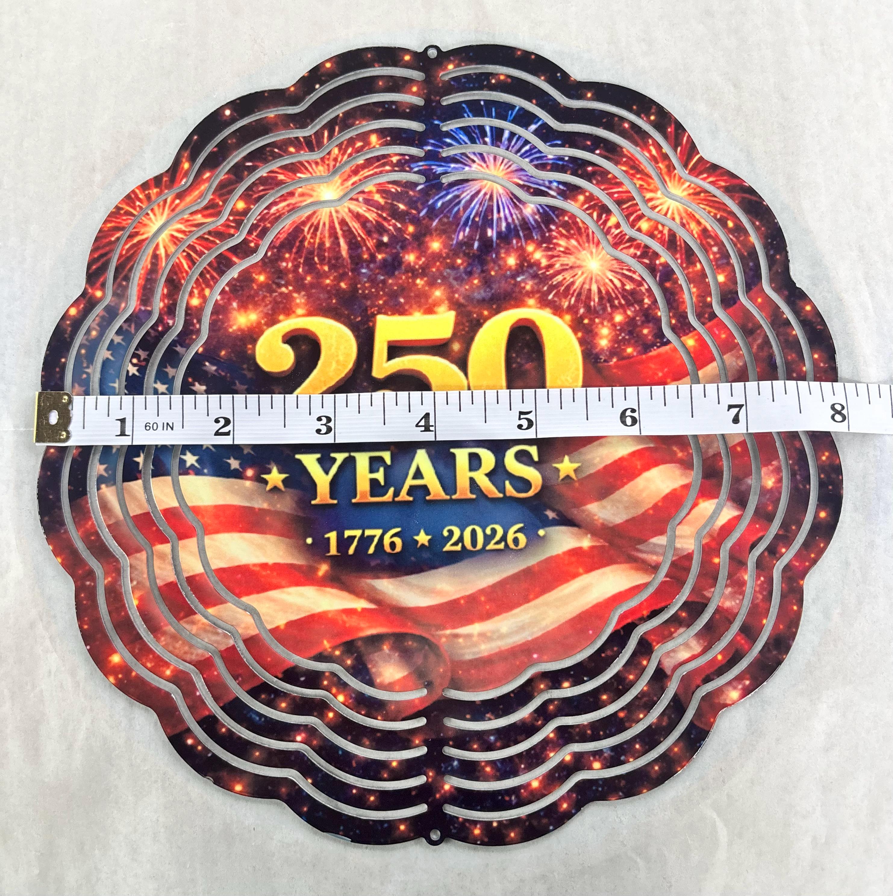 8” Wind Spinner USA Flag 250 Years Fireworks Background