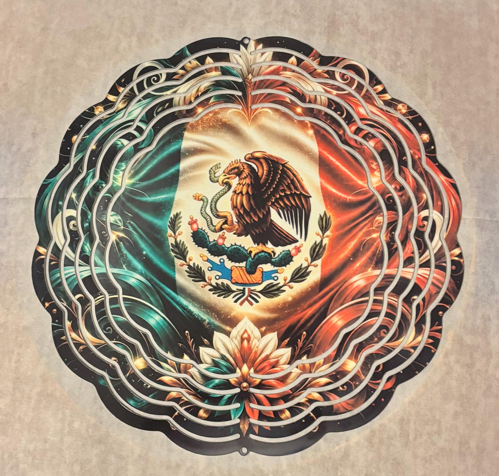 8” Wind Spinner Mexican Flag with flowers Black Background