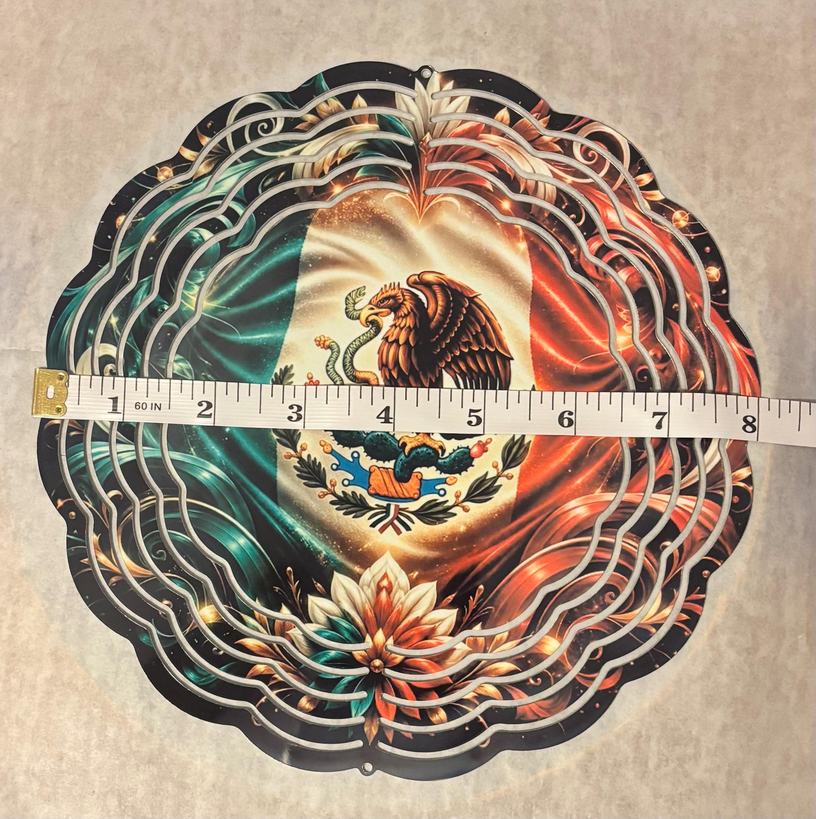 8” Wind Spinner Mexican Flag with flowers Black Background