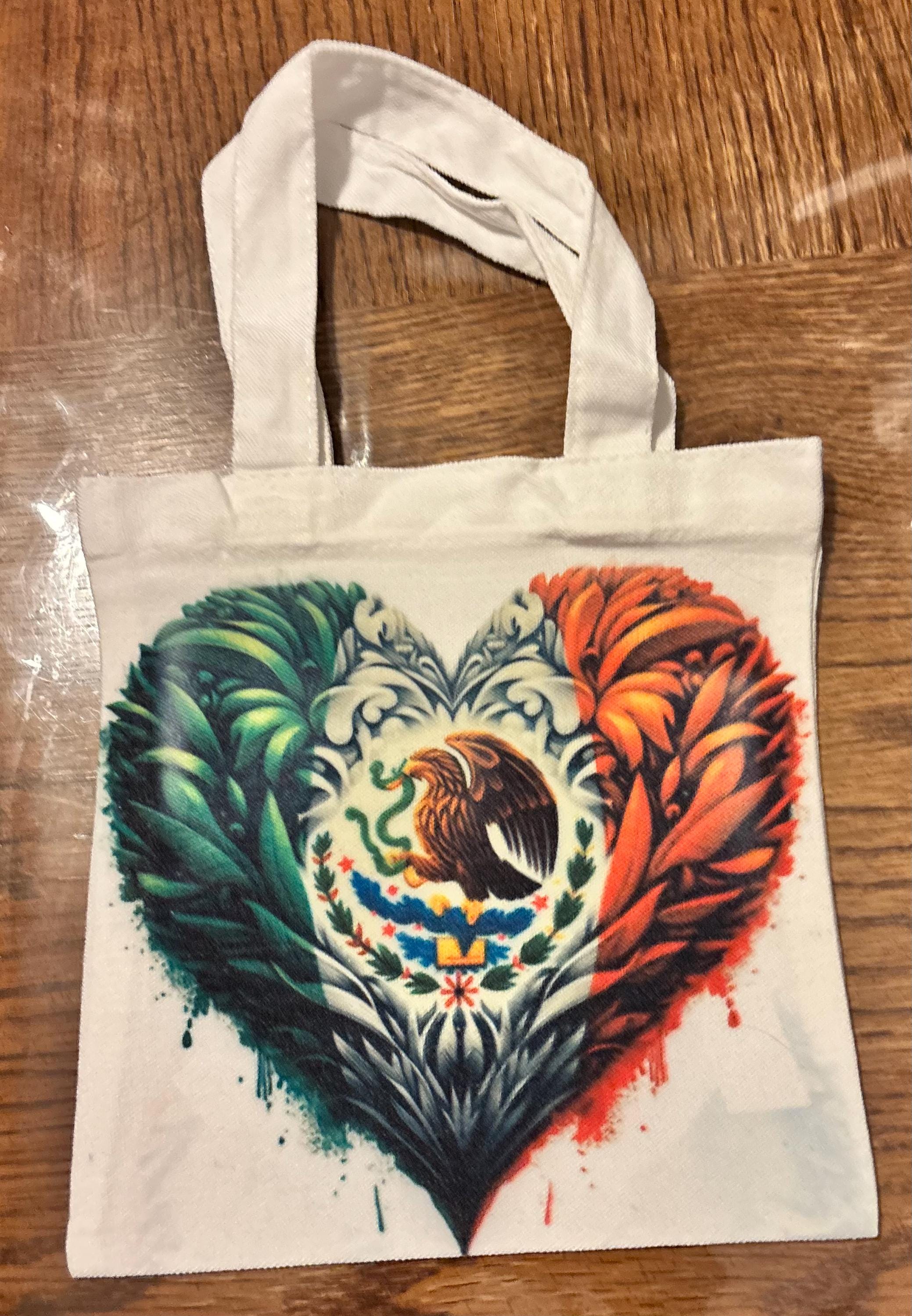 Mexican Flag Feathered Heart Shape Canvas Tote